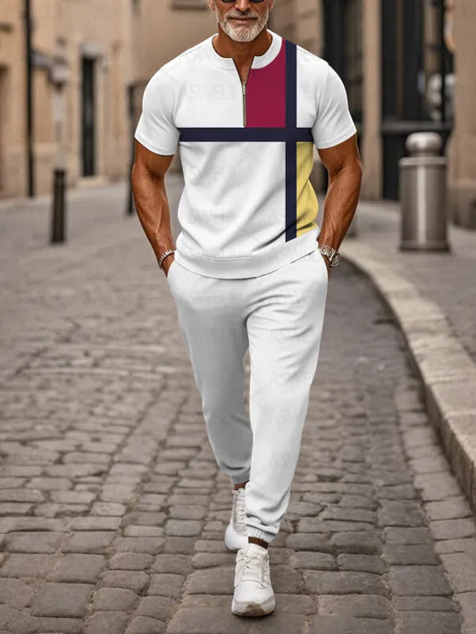 Zipper Short Sleeve Long Pants Two-Piece Set