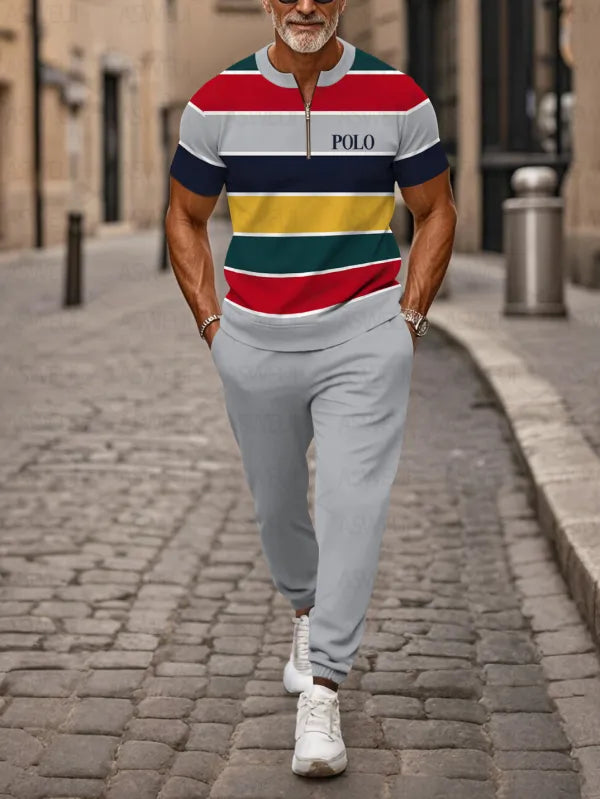 Zipper Short Sleeve Long Pants Two-Piece Set