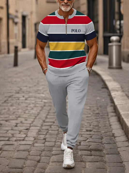 Zipper Short Sleeve Long Pants Two-Piece Set