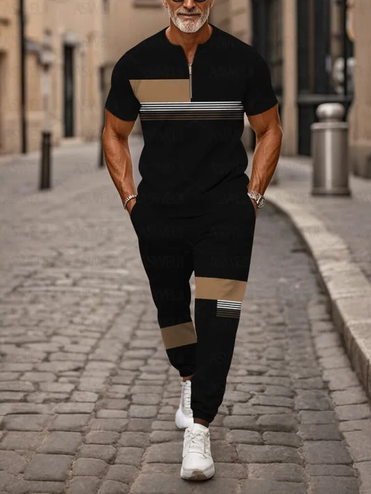 Zipper Short Sleeve Long Pants Two-Piece Set