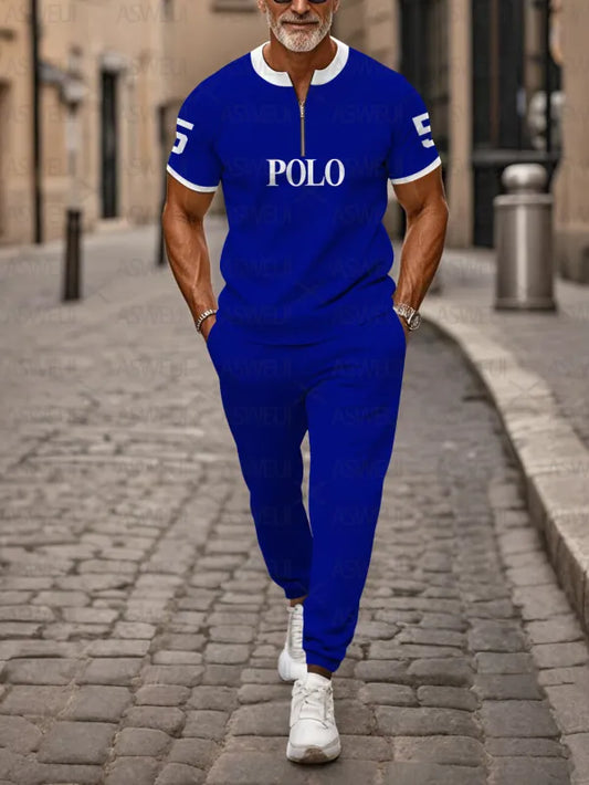 Zipper Short Sleeve Long Pants Two-Piece Set