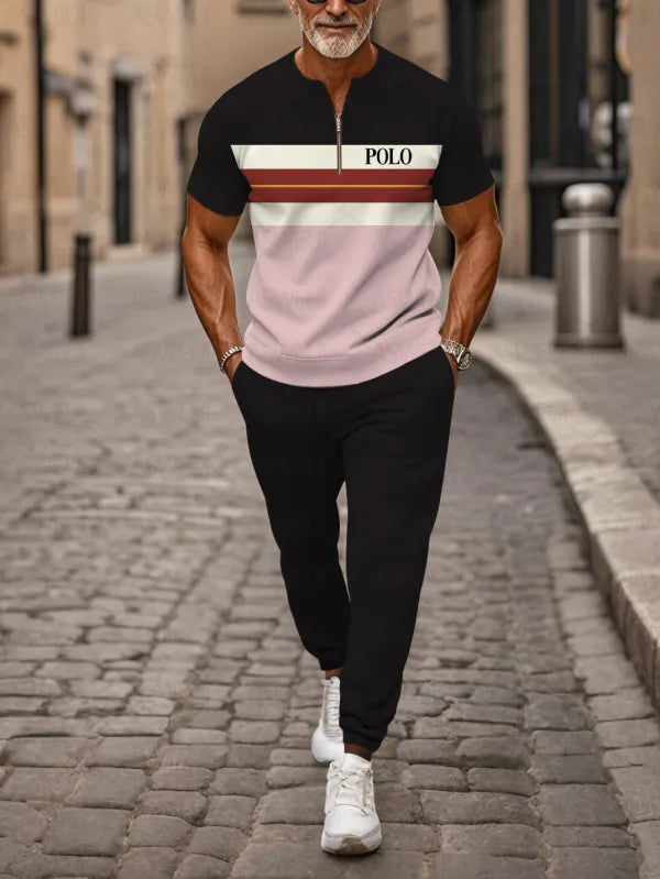 Zipper Short Sleeve Long Pants Two-Piece Set