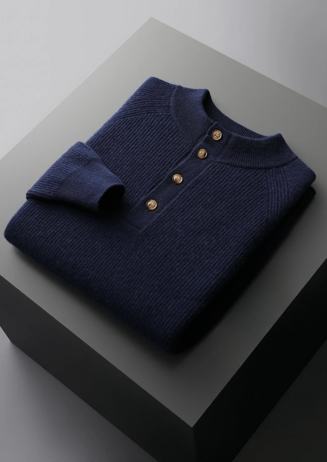 Premium Cashmere Classic Ribbed Henley Sweater