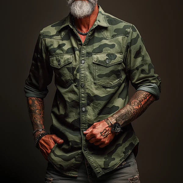 Camouflage Lapel Chest Pocket Cargo Shirt