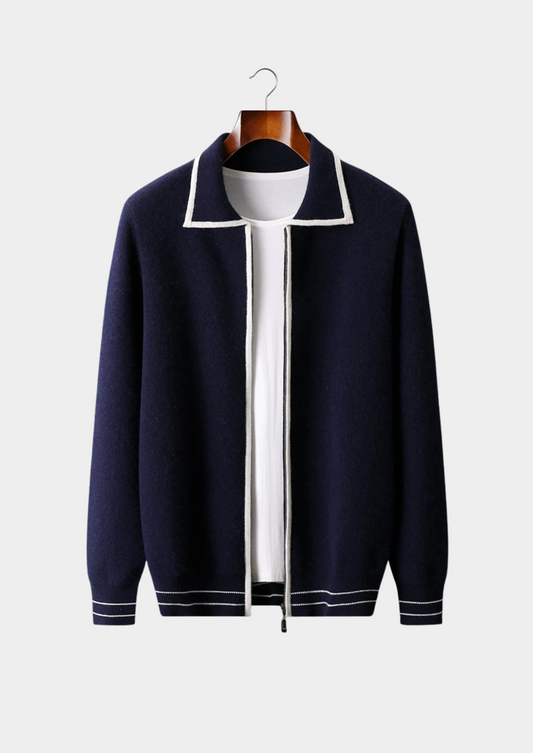 Pure Extra-Fine Merino Wool Two-Tone Polo Cardigan