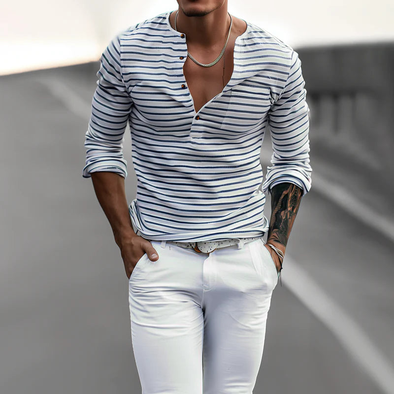 Striped Henley Collar Long Sleeve Casual T-shirt