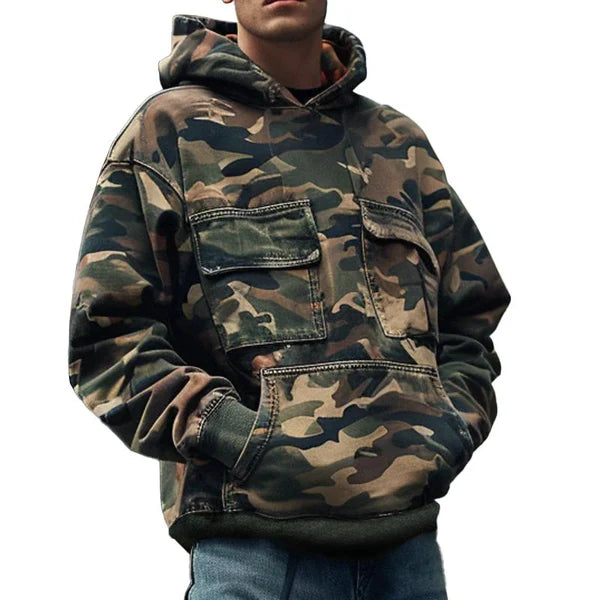 Vintage Camouflage Printed Flap Pocket Long-Sleeved Hoodie