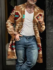 Retro Ethnic Style Pattern Lapel Mid Length Coat - DUVAL