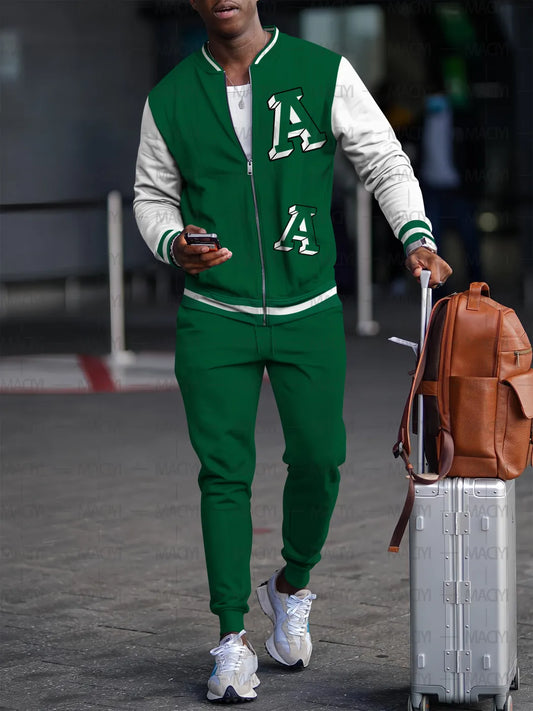 Men's Fashion Casual Geometric Print Zipper Jacket Set