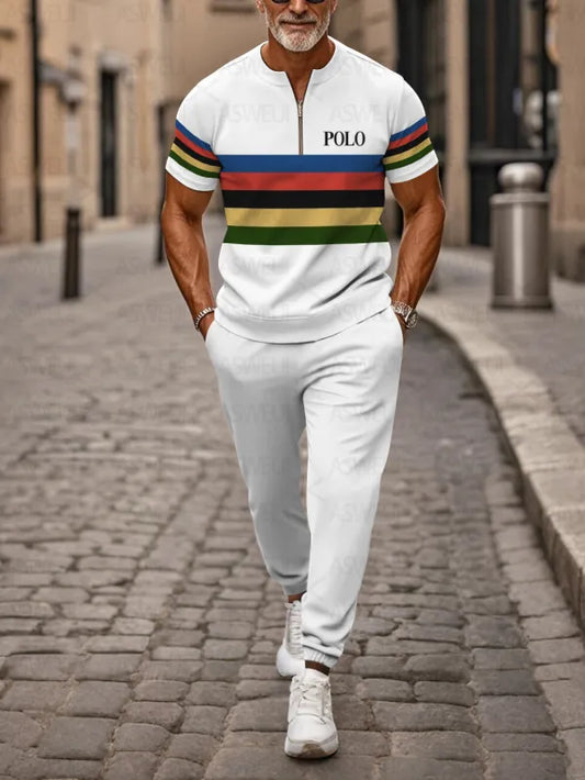 Zipper Short Sleeve Long Pants Two-Piece Set