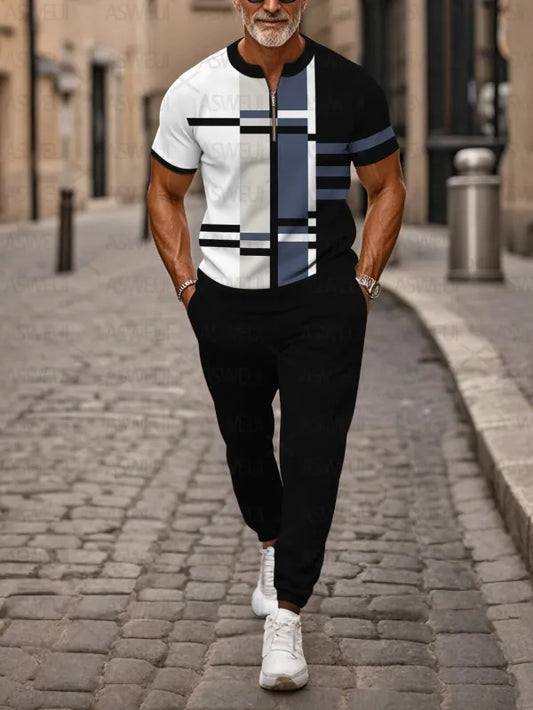 Zipper Short Sleeve Long Pants Two-Piece Set