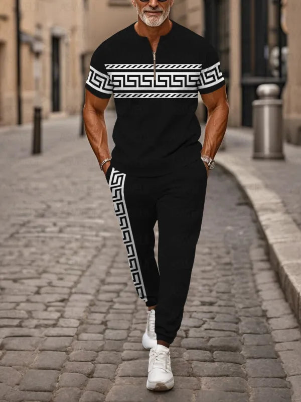 Zipper Short Sleeve Long Pants Two-Piece Set