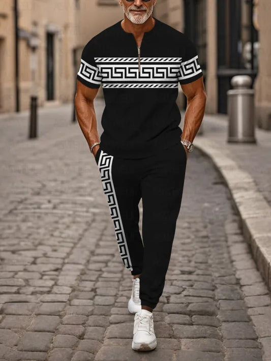 Zipper Short Sleeve Long Pants Two-Piece Set