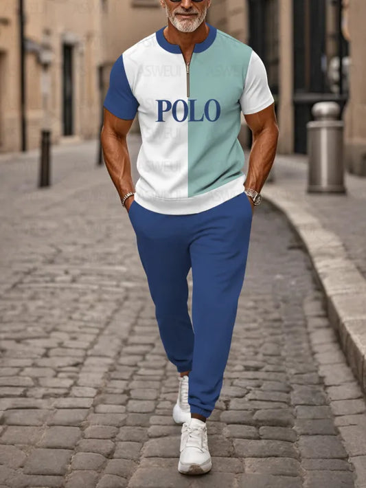 Zipper Short Sleeve Long Pants Two-Piece Set