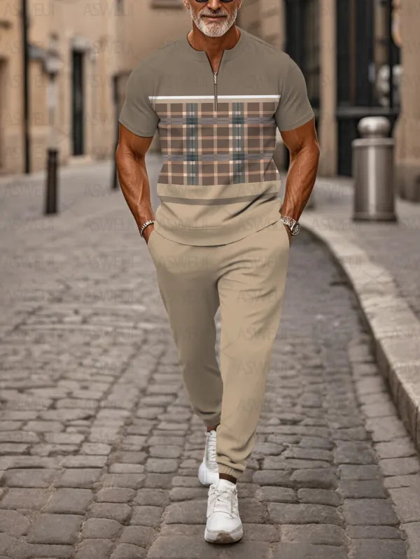 Zipper Short Sleeve Long Pants Two-Piece Set