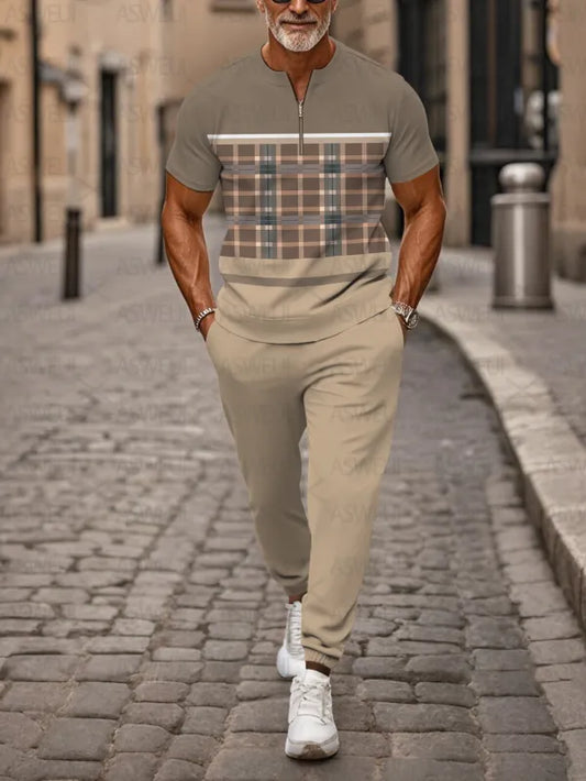 Zipper Short Sleeve Long Pants Two-Piece Set