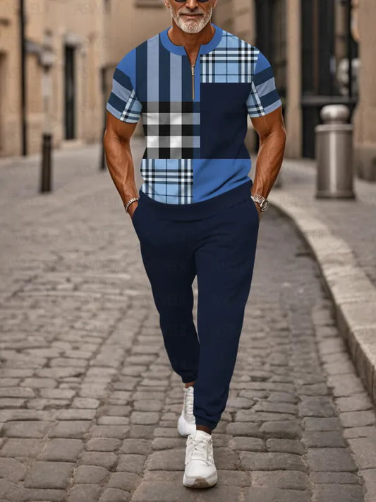 Zipper Short Sleeve Long Pants Two-Piece Set