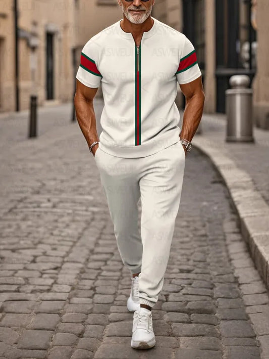 Zipper Short Sleeve Long Pants Two-Piece Set