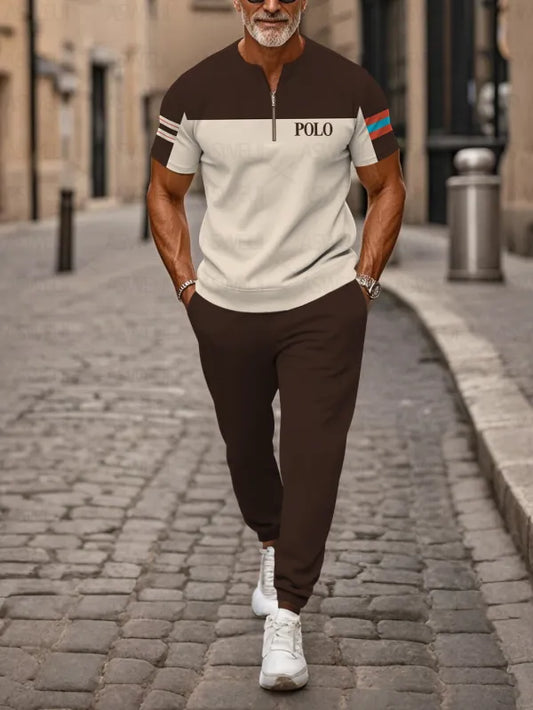 Zipper Short Sleeve Long Pants Two-Piece Set