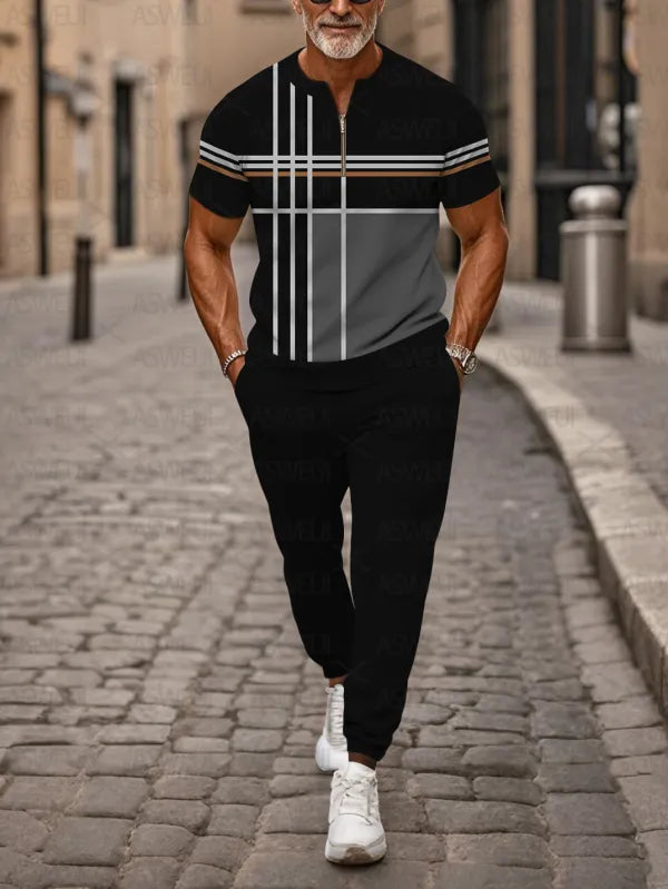 Zipper Short Sleeve Long Pants Two-Piece Set