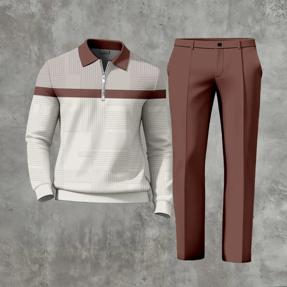 Long Sleeved Casual Quarter Zip Two-Piece Set - DUVAL