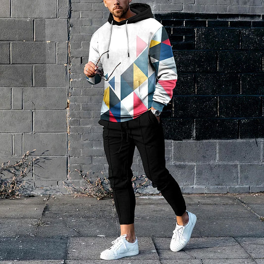 Gradient Geometric Color Matching Print Hoodie And Sweatpants Co-Ord