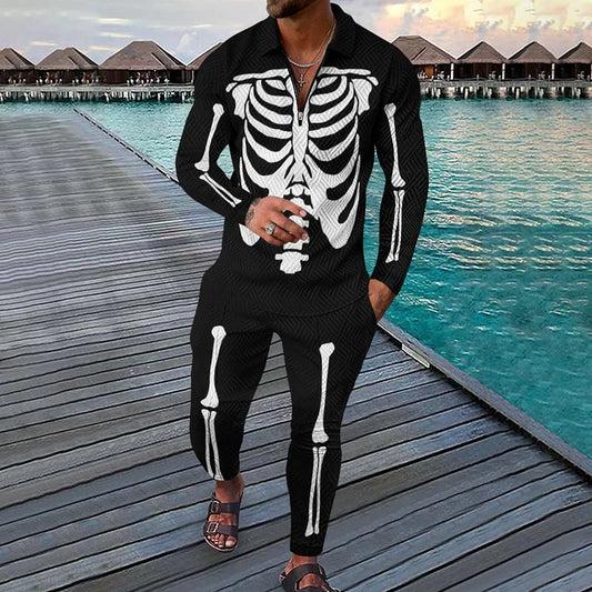 Black And White Skull Skeleton Costume Print Long Sleeve Polo Shirt And Pants Co-Ord