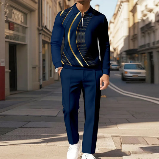 Zipper Long Sleeve Polo Long Pants Two-Piece Set