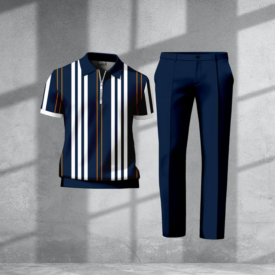 Polo-Collar Short Sleeved Trousers Two-Piece Set - DUVAL