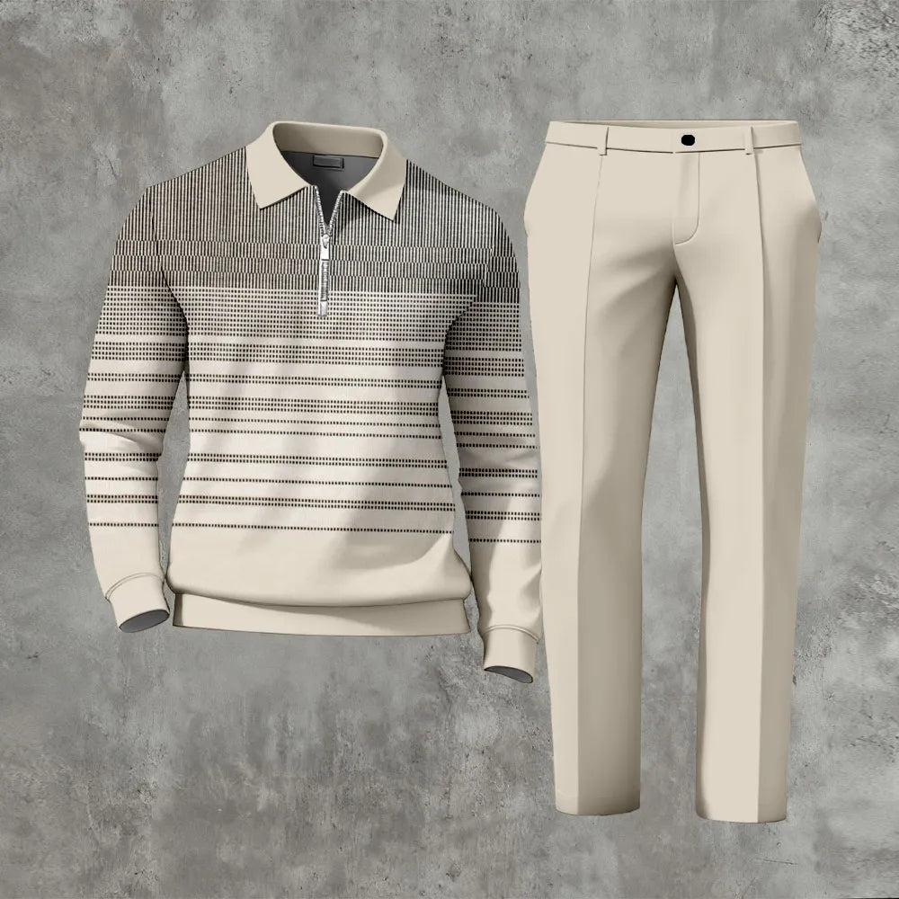 Polo-Collar Zipper Long Sleeved Trousers Two-Piece Set - DUVAL