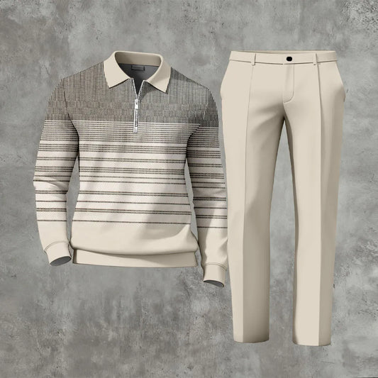 Polo-Collar Zipper Long Sleeved Trousers Two-Piece Set - DUVAL