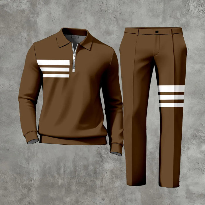 Polo-Collar Zipper Long Sleeved Trousers Two-Piece Set - DUVAL