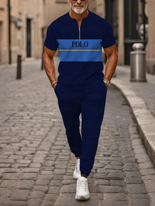 Zipper Short Sleeve Long Pants Two-Piece Set