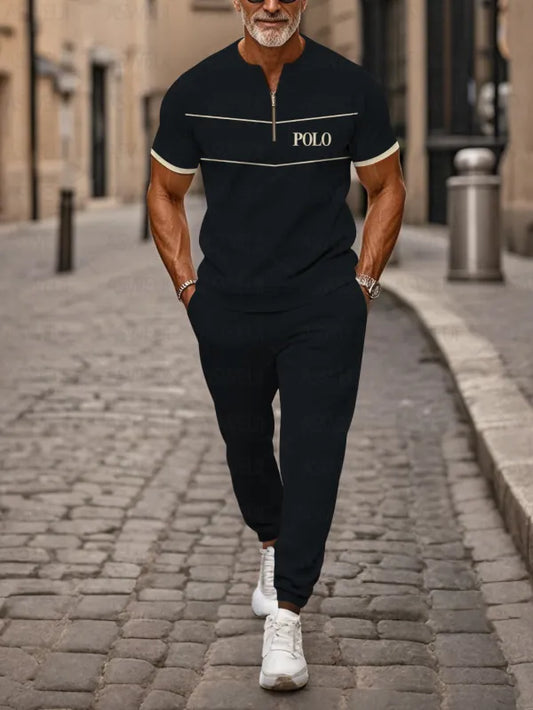 Zipper Short Sleeve Long Pants Two-Piece Set