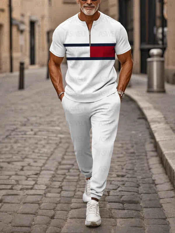 Zipper Short Sleeve Long Pants Two-Piece Set