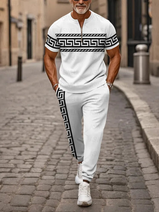 Zipper Short Sleeve Long Pants Two-Piece Set