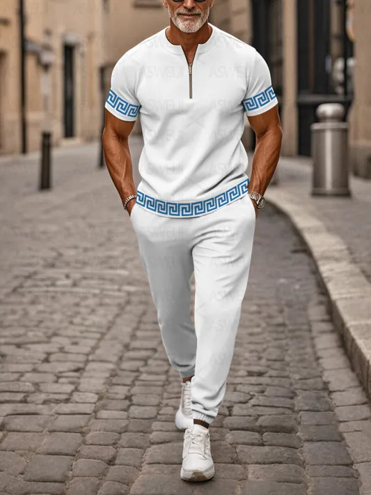 Zipper Short Sleeve Long Pants Two-Piece Set