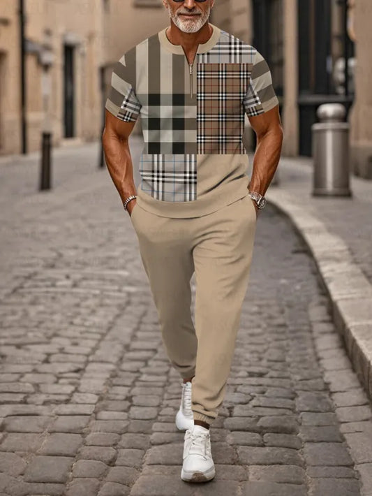 Zipper Short Sleeve Long Pants Two-Piece Set