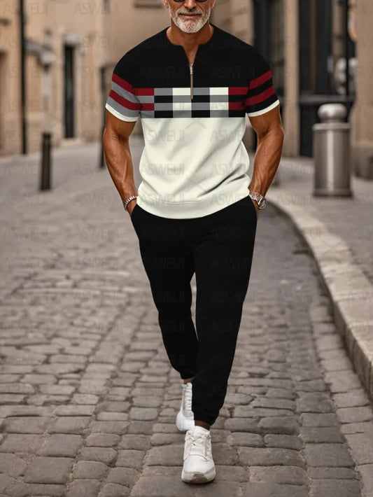 Zipper Short Sleeve Long Pants Two-Piece Set