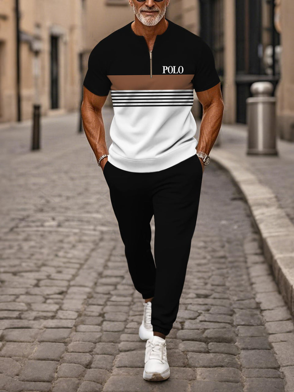 Zipper Short Sleeve Long Pants Two-Piece Set - DUVAL