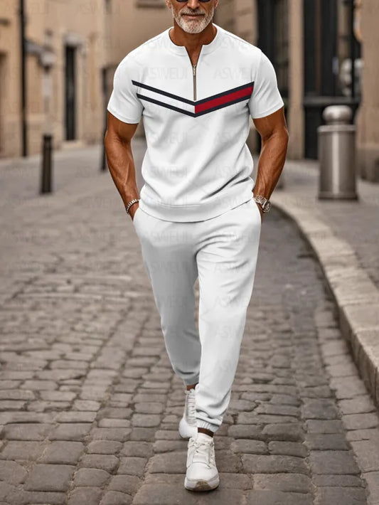 Zipper Short Sleeve Long Pants Two-Piece Set