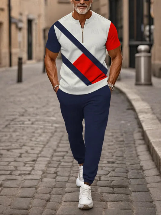 Zipper Short Sleeve Long Pants Two-Piece Set