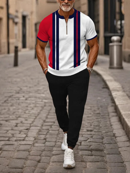 Zipper Short Sleeve Long Pants Two-Piece Set