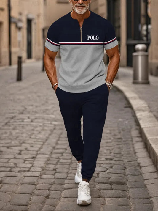 Zipper Short Sleeve Long Pants Two-Piece Set