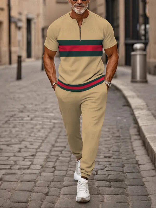 Zipper Short Sleeve Long Pants Two-Piece Set