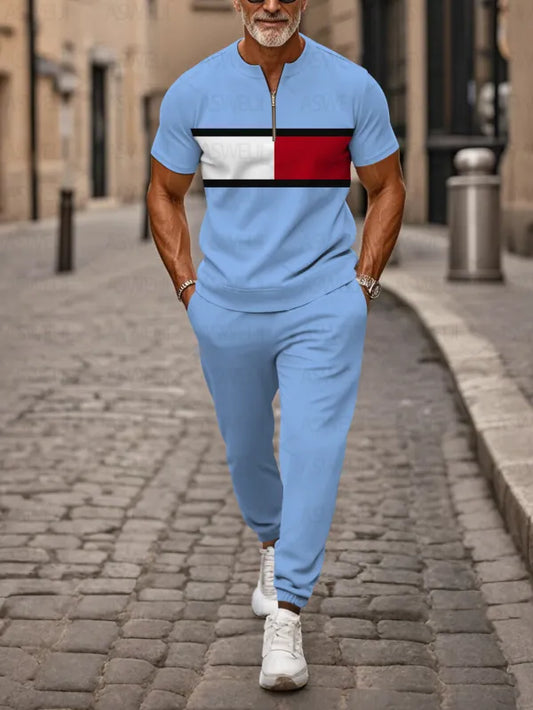 Zipper Short Sleeve Long Pants Two-Piece Set