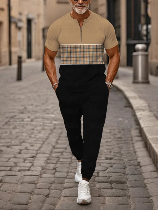 Zipper Short Sleeve Long Pants Two-Piece Set