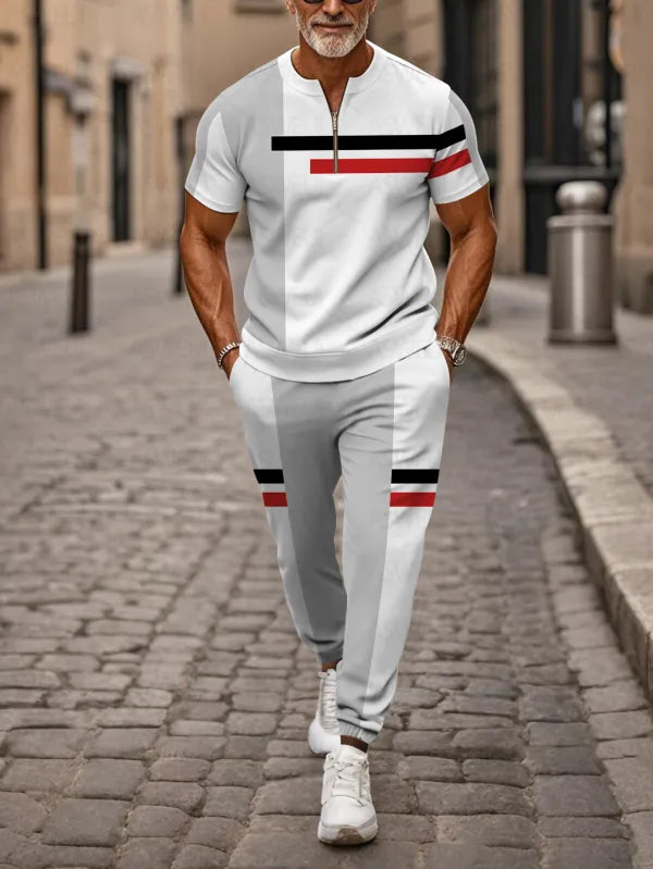 Zipper Short Sleeve Long Pants Two-Piece Set - DUVAL