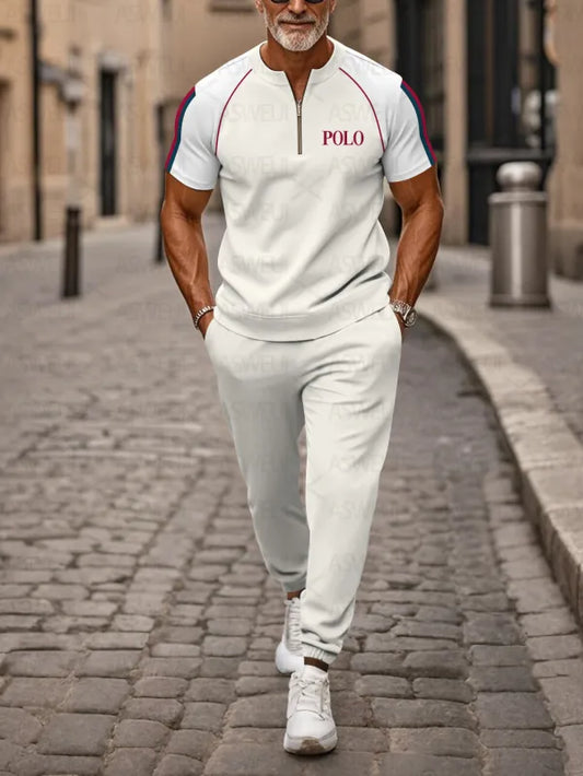 Zipper Short Sleeve Long Pants Two-Piece Set