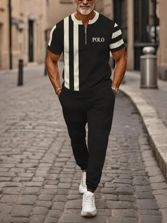 Zipper Short Sleeve Long Pants Two-Piece Set